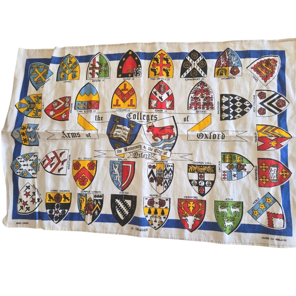 Ulster Vintage Irish Linen Tea Towel Arms of the Colleges of Oxford Ireland Made